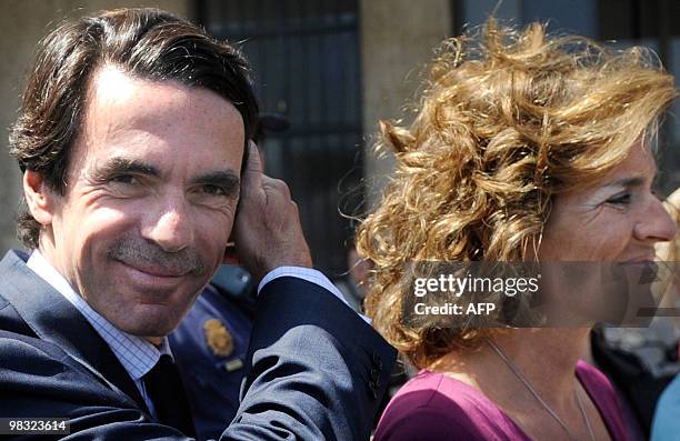 Former Spanish Prime Minister Jose Maria Aznar and and his wife Ana Botella arrive in Sevilla on April 8, 2010 to commemorate the composition of the...