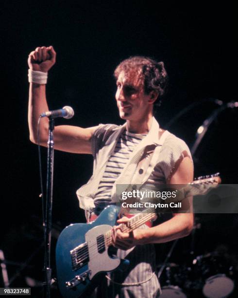 Pete Townshend performing with The Who at the Oakland Coliseum Arena on October 25, 1982. He plays a Giffin-Schecter Telecaster style guitar and...