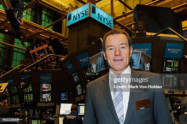 Actor Bryan Cranston rings the opening bell at the New York Stock Exchange on April 8, 2010 in New York City.