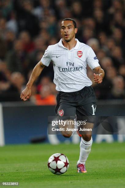 Theo Walcott of Arsenal during the UEFA Champions League quarter final second leg match between Barcelona and Arsenal at Camp Nou on April 6, 2010 in...