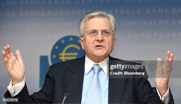 Jean-Claude Trichet, president of the European Central Bank , gestures while speaking during a news conference at the ECB headquarters in Frankfurt,...