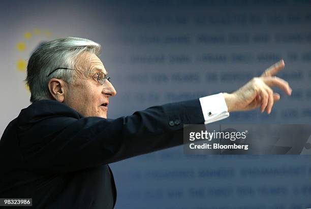 Jean-Claude Trichet, president of the European Central Bank , gestures while speaking during a news conference at the ECB headquarters in Frankfurt,...