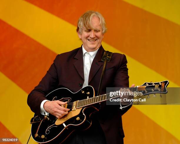 Bone Burnett performing with Robert Plant & Alison Krauss at the New Orleans Jazz & Heritage Festival on April 25, 2008. He plays a Gretsch 6136...