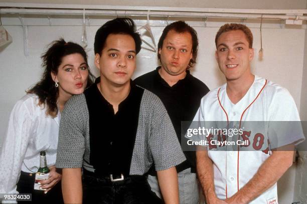 Kim Deal, Joey Santiago, Frank Black and David Lovering of The Pixies posing for a group portrait backstage at the Warfield Theater in San Francisco...