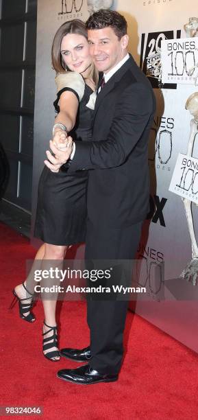 Emily Deschanel and David Boreanaz at The "Bones" 100th Episode Celebration on April 7, 2010 in Los Angeles, California.