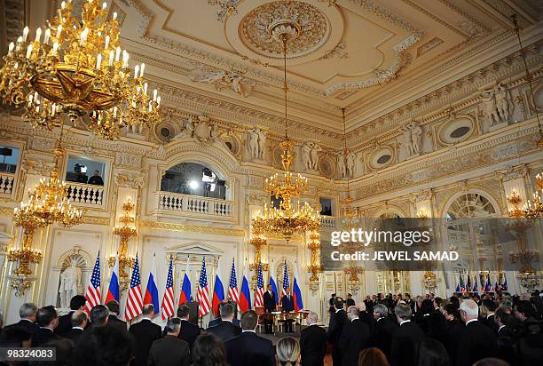 President Barack Obama and his Russian counterpart Dmitry Medvedev arrive to sign a landmark treaty at the Prague Castle in Prague on April 8, 2010....