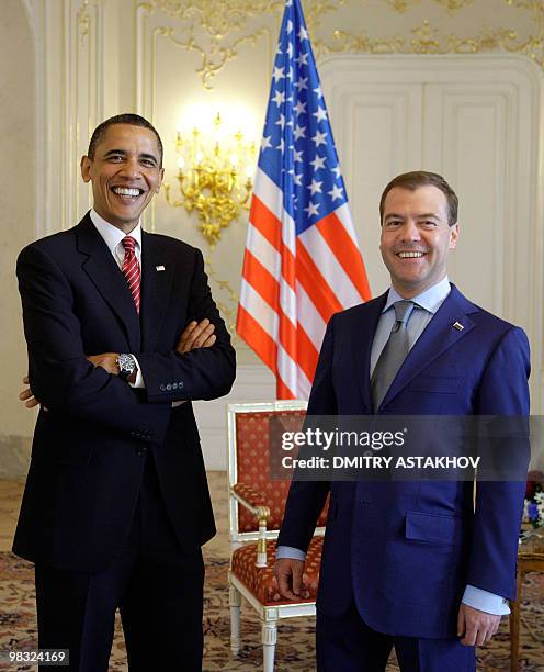 President Barack Obama meets with his Russian counterpart Dmitry Medvedev at Prague Castle on April 8, 2010. Obama and Dmitry Medvedev are to sign a...