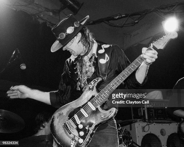 Stevie Ray Vaughan performing at the Keystone Berkeley on August 19, 1983. He plays a Fender Stratocaster guitar.