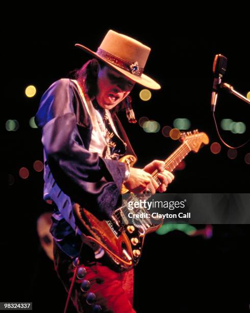Stevie Ray Vaughan performing a private concert for the US Navy in San Francisco as part of Fleet Week celebrations on October 14, 1985. He plays a...