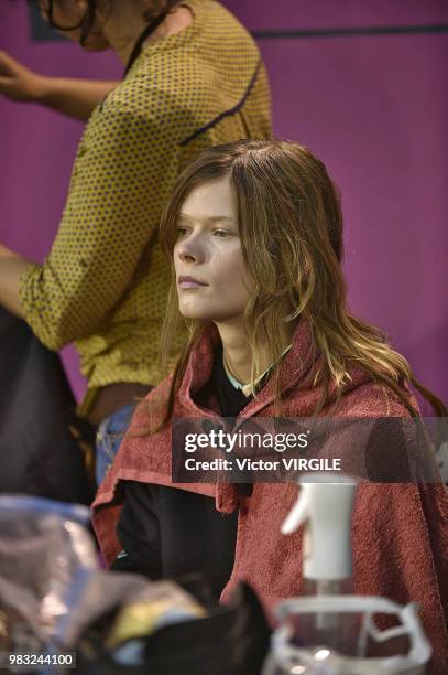 Model backstage during the Juun J Menswear Spring/Summer 2019 fashion show as part of Paris Fashion Week on June 22, 2018 in Paris, France.