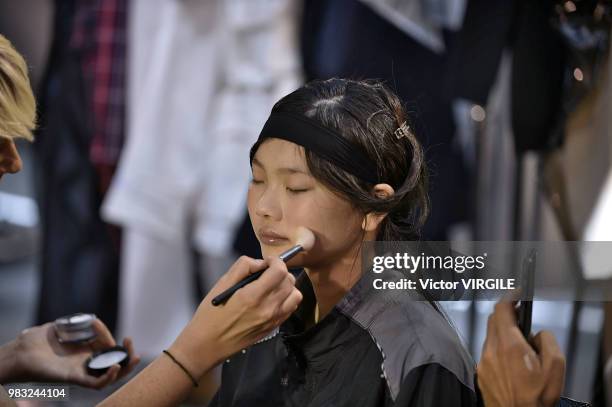 Model backstage during the Juun J Menswear Spring/Summer 2019 fashion show as part of Paris Fashion Week on June 22, 2018 in Paris, France.