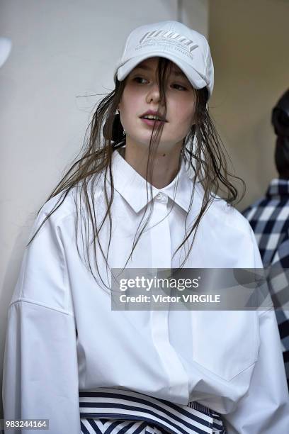 Model backstage during the Juun J Menswear Spring/Summer 2019 fashion show as part of Paris Fashion Week on June 22, 2018 in Paris, France.