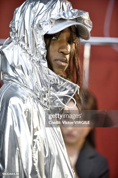 Model backstage during the Juun J Menswear Spring/Summer 2019 fashion show as part of Paris Fashion Week on June 22, 2018 in Paris, France.