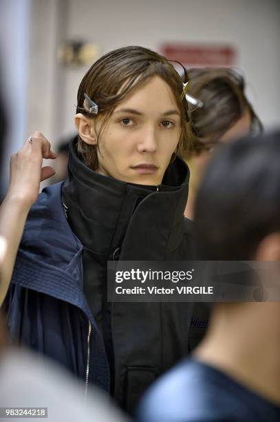 Model backstage during the Juun J Menswear Spring/Summer 2019 fashion show as part of Paris Fashion Week on June 22, 2018 in Paris, France.