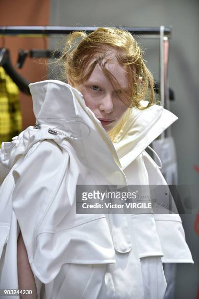 Model backstage during the Juun J Menswear Spring/Summer 2019 fashion show as part of Paris Fashion Week on June 22, 2018 in Paris, France.