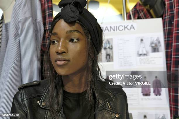 Model backstage during the Juun J Menswear Spring/Summer 2019 fashion show as part of Paris Fashion Week on June 22, 2018 in Paris, France.