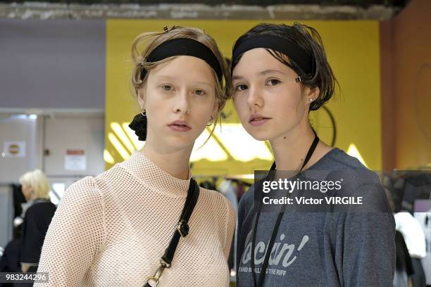 Model backstage during the Juun J Menswear Spring/Summer 2019 fashion show as part of Paris Fashion Week on June 22, 2018 in Paris, France.