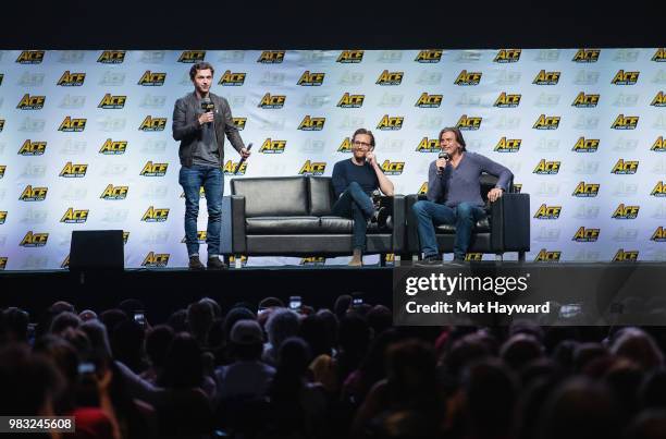 Tom Holland and Tom Hiddleston speak on stage during ACE Comic Con at WaMu Theatre on June 24, 2018 in Seattle, Washington.