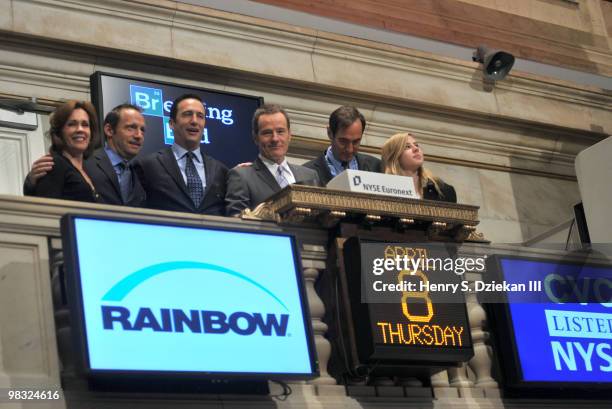 Actor Bryan Cranston rings the opening bell at the New York Stock Exchange on April 8, 2010 in New York City.