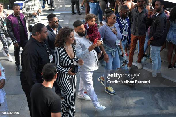 Nicole Tuck, DJ Khaled, and Asahd Tuck Khaled attend Live! Red! Ready! Pre-Show, sponsored by Nissan, at the 2018 BET Awards at Microsoft Theater on...