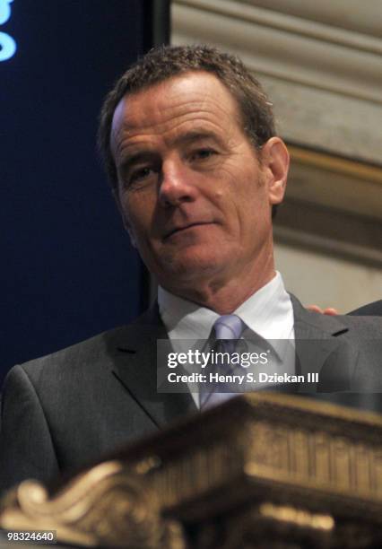 Actor Bryan Cranston rings the opening bell at the New York Stock Exchange on April 8, 2010 in New York City.