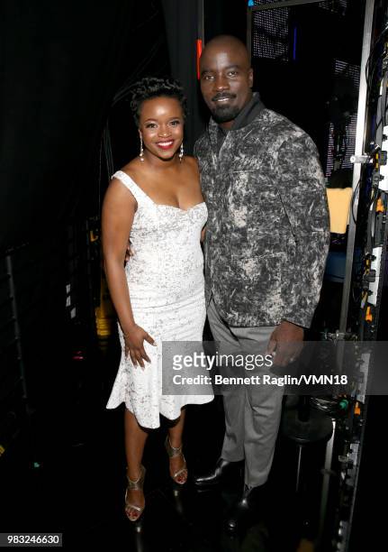 Shine A Light Award recipient Brittany Packnett and Mike Colter are seen backstage at the 2018 BET Awards at Microsoft Theater on June 24, 2018 in...
