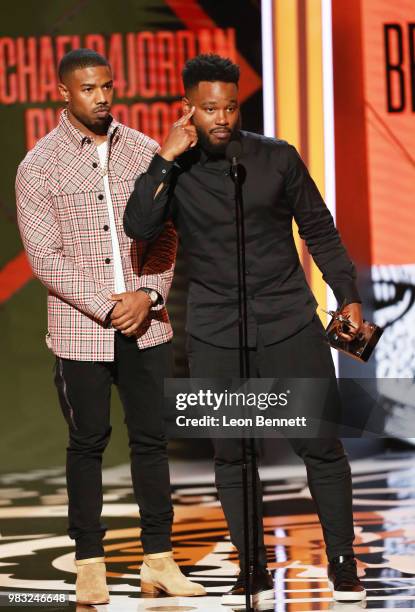 Michael B. Jordan and Ryan Coogler accept the Best Movie Award for 'Black Panther' onstage at the 2018 BET Awards at Microsoft Theater on June 24,...