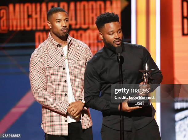 Michael B. Jordan and Ryan Coogler accept the Best Movie Award for 'Black Panther' onstage at the 2018 BET Awards at Microsoft Theater on June 24,...