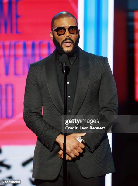 Tyler Perry speaks onstage at the 2018 BET Awards at Microsoft Theater on June 24, 2018 in Los Angeles, California.