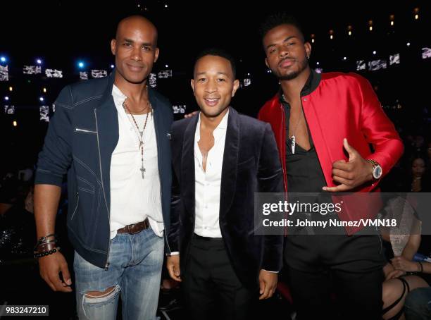 Boris Kodjoe, John Legend, and Trevor Jackson attend the 2018 BET Awards at Microsoft Theater on June 24, 2018 in Los Angeles, California.