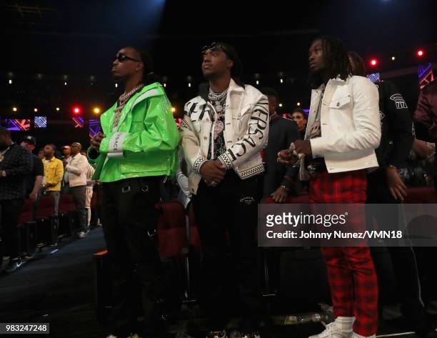 Quavo, Takeoff, Offset of Migos attend the 2018 BET Awards at Microsoft Theater on June 24, 2018 in Los Angeles, California.