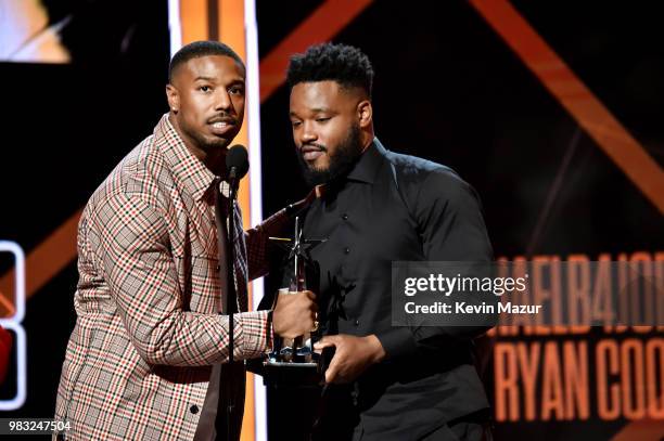 Michael B. Jordan and Ryan Coogler accept the Best Movie Award for 'Black Panther' onstage at the 2018 BET Awards at Microsoft Theater on June 24,...