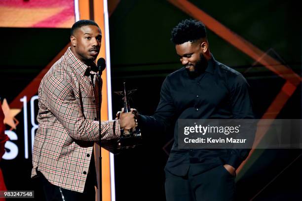 Michael B. Jordan and Ryan Coogler accept the Best Movie Award for 'Black Panther' onstage at the 2018 BET Awards at Microsoft Theater on June 24,...