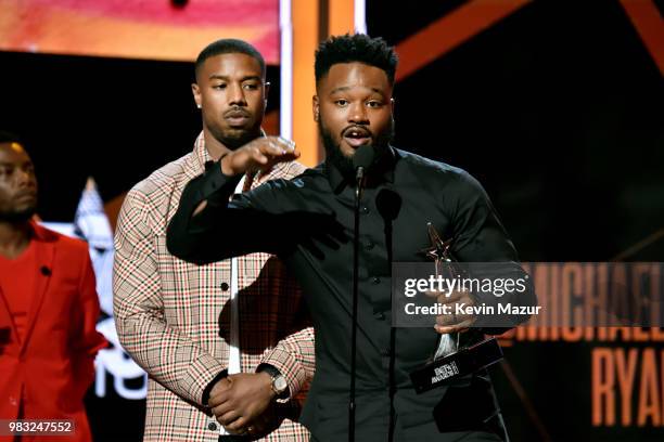 Michael B. Jordan and Ryan Coogler accept the Best Movie Award for 'Black Panther' onstage at the 2018 BET Awards at Microsoft Theater on June 24,...