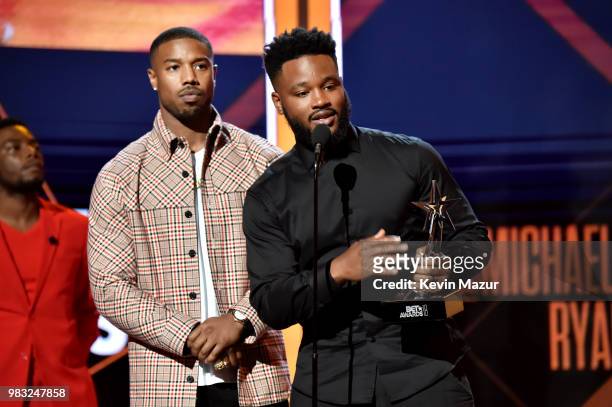 Michael B. Jordan and Ryan Coogler accept the Best Movie Award for 'Black Panther' onstage at the 2018 BET Awards at Microsoft Theater on June 24,...