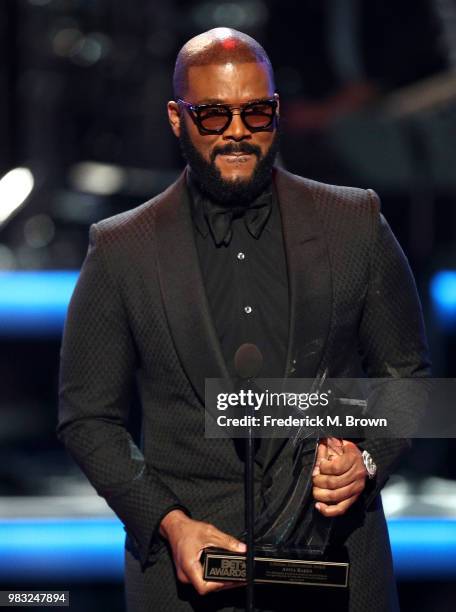 Tyler Perry presents the BET Lifetime Achievement Award onstage at the 2018 BET Awards at Microsoft Theater on June 24, 2018 in Los Angeles,...