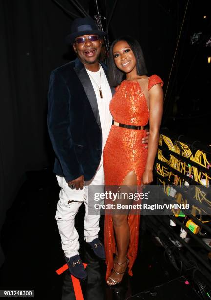 Bobby Brown and Gabrielle Dennis are seen backstage at the 2018 BET Awards at Microsoft Theater on June 24, 2018 in Los Angeles, California.