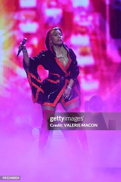 Trinidadian rapper Nicki Minaj performs onstage during the BET Awards at Microsoft Theatre in Los Angeles, California, on June 24, 2018.