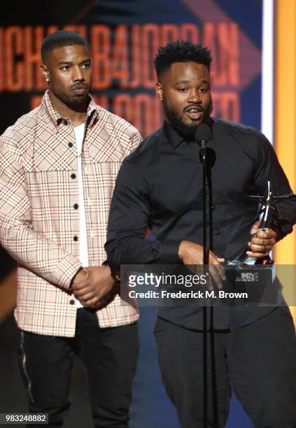 Michael B. Jordan and director Ryan Coogler accept Best Movie for 'Black Panther' onstage at the 2018 BET Awards at Microsoft Theater on June 24,...