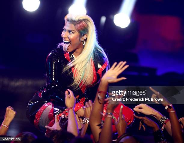 Nicki Minaj performs onstage at the 2018 BET Awards at Microsoft Theater on June 24, 2018 in Los Angeles, California.