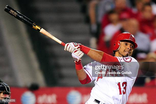Maicer Izturis of the Los Angeles Angels of Anaheim bats against the Minnesota Twins on April 6, 2010 in Anaheim, California. The Twins defeated the...