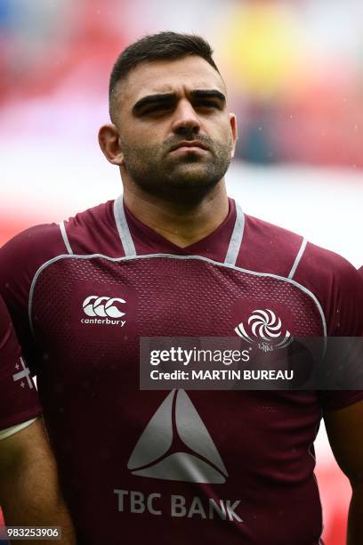 Georgia's prop Zurab Zhvania listens to the anthems prior the rugby union Test match between Japan and Georgia at Toyota Stadium in Toyota on June...