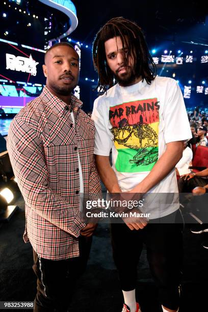 Michael B. Jordan and J. Cole attend the 2018 BET Awards at Microsoft Theater on June 24, 2018 in Los Angeles, California.