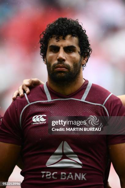 Georgia's flanker Viktor Kolelishvili poses as he listens to the anthems prior the rugby union Test match between Japan and Georgia at Toyota Stadium...