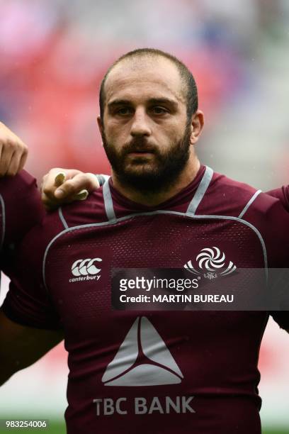 Georgia's hooker Jaba Bregvadze poses as he listens to the anthems prior the rugby union Test match between Japan and Georgia at Toyota Stadium in...