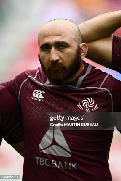 Georgia's prop Irakli Mirtskhulava poses as he listens to the anthems prior the rugby union Test match between Japan and Georgia at Toyota Stadium in...