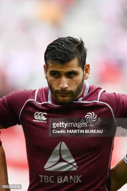 Georgia's flanker Otar Giorgadze listens to the anthems prior the rugby union Test match between Japan and Georgia at Toyota Stadium in Toyota on...