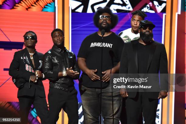 Lil Uzi Vert, Kevin Hart, Questlove, Markelle Fultz, and Black Thought speak onstage at the 2018 BET Awards at Microsoft Theater on June 24, 2018 in...