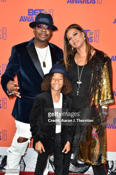 Bobby Brown, Alicia Etheredge and Cassius Brown pose in the press room at the 2018 BET Awards at Microsoft Theater on June 24, 2018 in Los Angeles,...