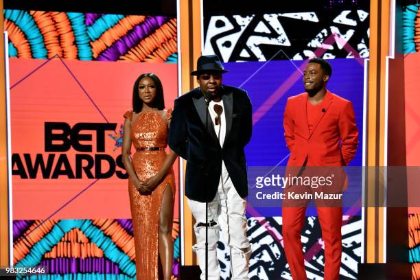 Gabrielle Dennis, Bobby Brown, and Woody McClain speak onstage at the 2018 BET Awards at Microsoft Theater on June 24, 2018 in Los Angeles,...